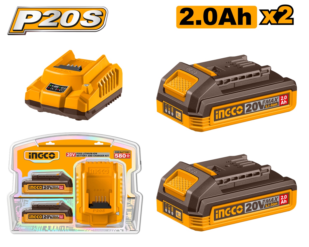 Baterie (Acumulator) 20V 2Ah Set 2 buc cu Incarcator (nou) INGCO FBCPK2212E