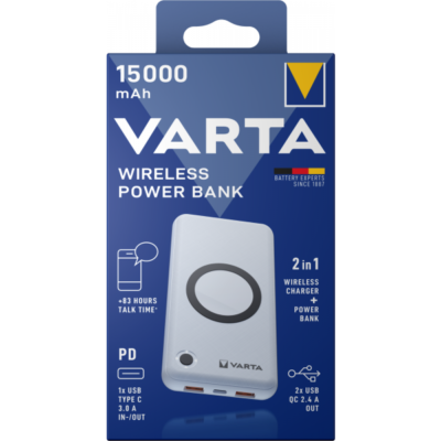 Baterie Externa Wireless Varta Energy, 15000mAh, 18W, QC + PD + FQI, 1 x QI – 1 x USB-C – 2 x USB-A, Alba