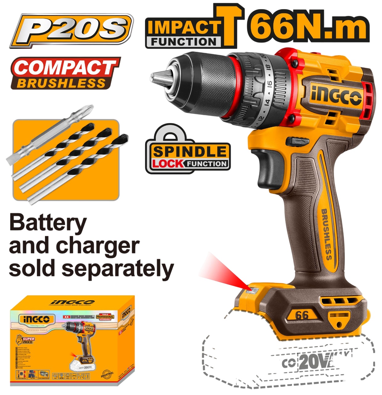 Bormasina 20V 66nm cu Impact Fara Baterie INGCO CIDLI206681