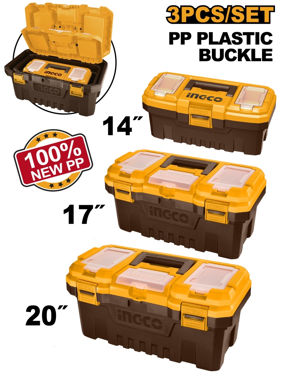 Cutii Depozitare Scule Set 3 buc INGCO PBXK0301 14 17 20 inch, Organizator Plastic Rezistent cu Capace Compartimentate pentru Atelier