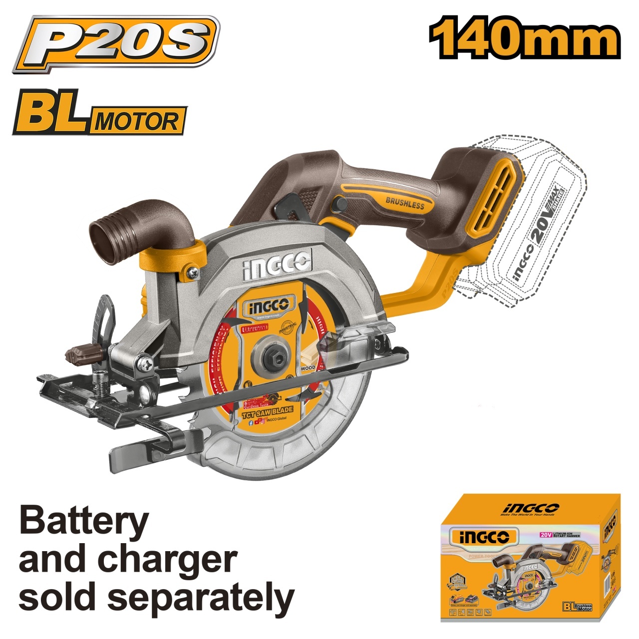 Fierastrau Circular 20V 140mm Brushless 6300rpm Profesional Reglabil pentru Lemn INGCO CSLI1402