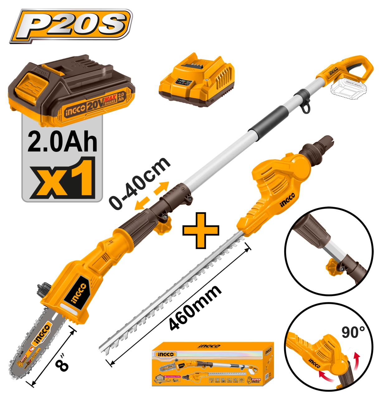 Fierastrau de Pomi Telescopic 20V 2.4m 2 in 1 INGCO CPTS201681 cu Lant si Foarfeca Gard Viu, Acumulator si Incarcator Inclus