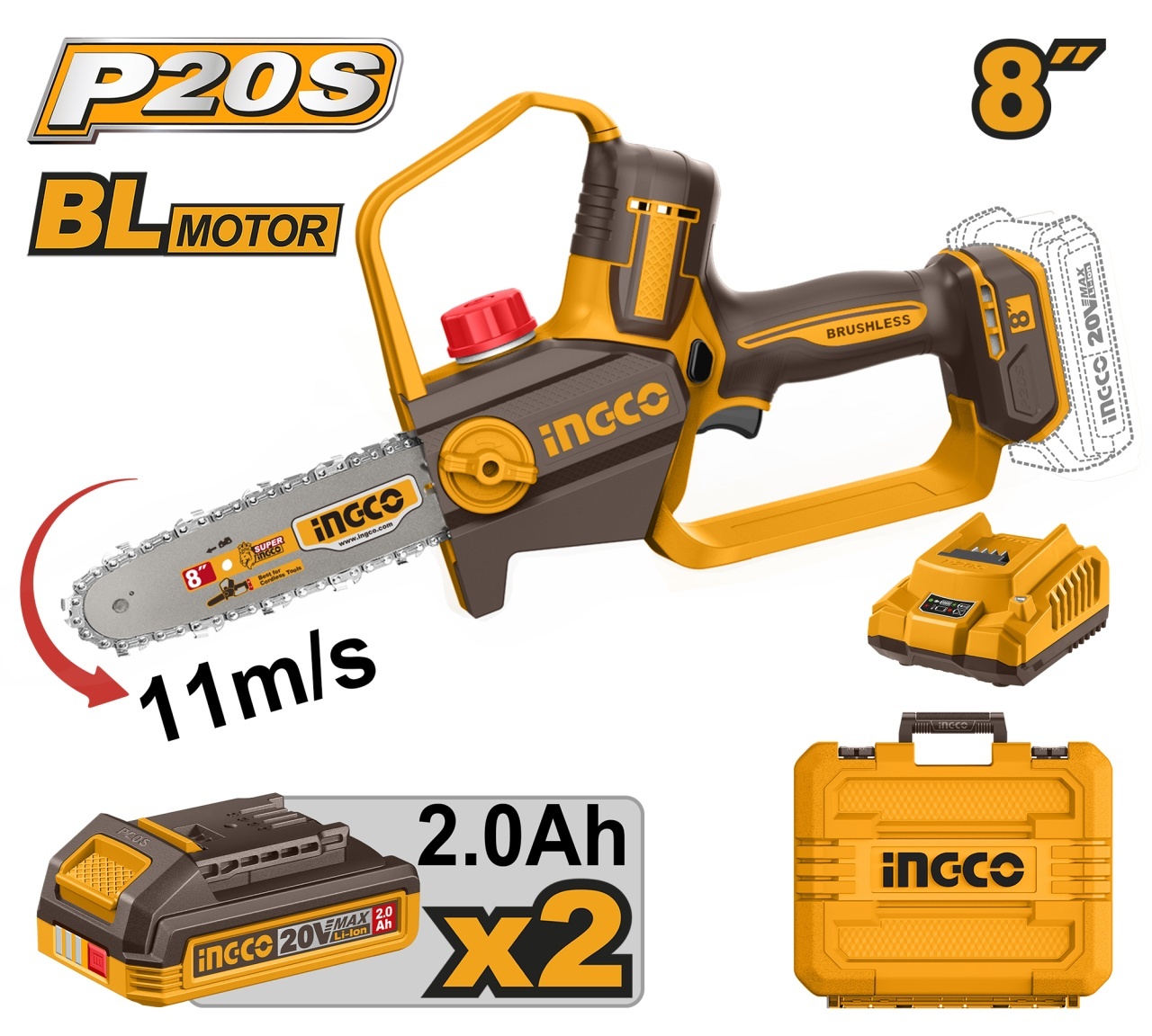 Fierastrau Mana 20V 20cm INGCO CGSLI20882E cu 2 Acumulatori 2Ah si Incarcator, Motor Brushless si Lubrifiere Automata pentru Gradina si Lemn