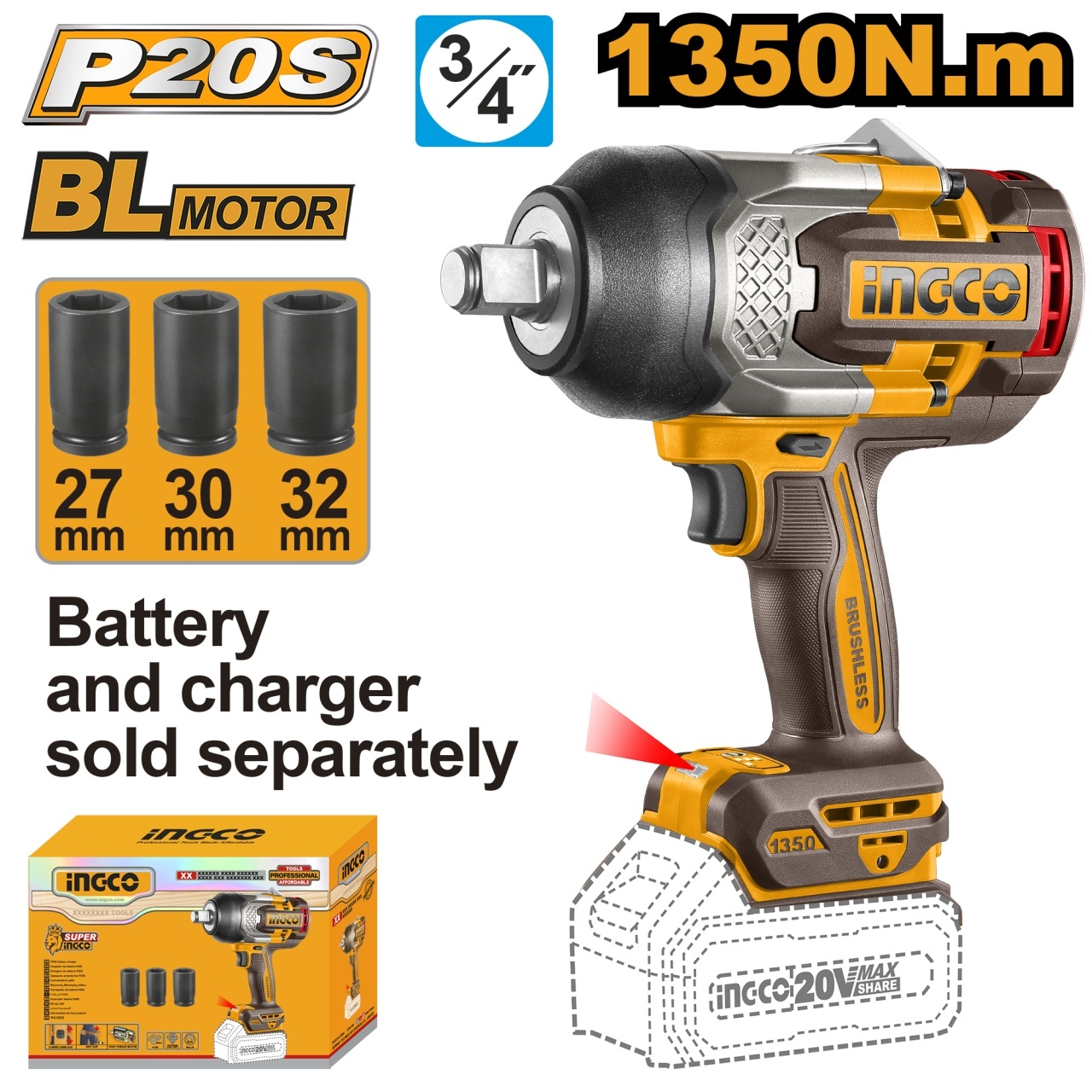 Filetanta 20V 3/4 1350nm Fara Acumulator INGCO CIWLI201351