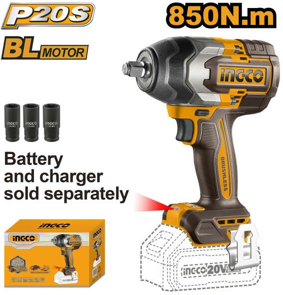 Filetanta cu Impact 20V Brushless 1/2 850Nm INGCO CIWLI20851 Profesionala, Cheie Impact Auto, Fara Acumulator