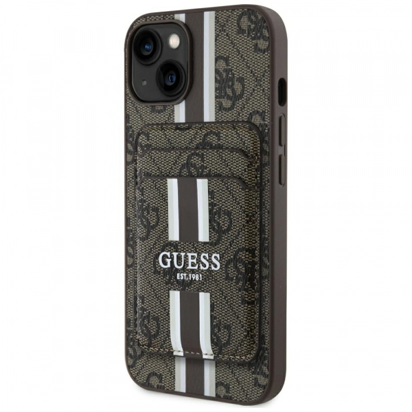 Husa MagSafe pentru Apple iPhone 15, Guess, Cardslot 4G Stripes, Maro