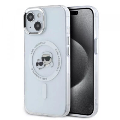 Husa MagSafe pentru Apple iPhone 15, Karl Lagerfeld, IML Metal Karl & Choupette’s Heads, Alba