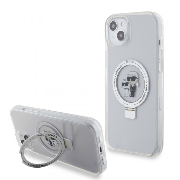 Husa MagSafe pentru Apple iPhone 15 Plus, Karl Lagerfeld, Ringstand Karl and Choupette, Alba