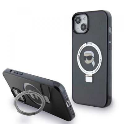 Husa MagSafe pentru Apple iPhone 15 Plus, Karl Lagerfeld, Ring Stand Karl’s Head, Neagra