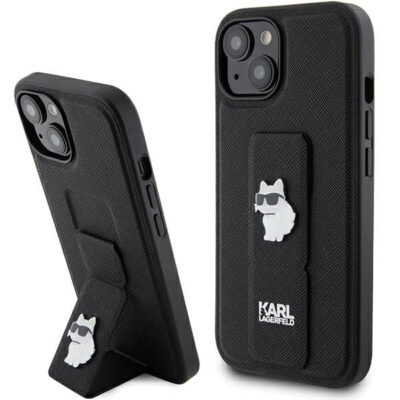 Husa MagSafe pentru Apple iPhone 15 Plus, Karl Lagerfeld, Saffiano Gripstand Choupette, Neagra