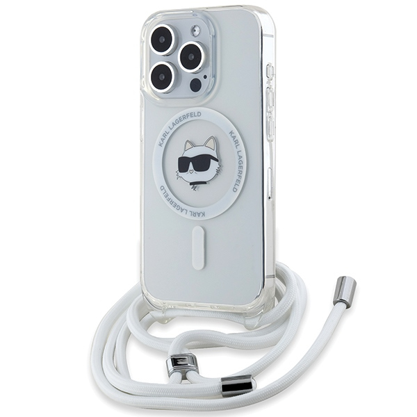 Husa MagSafe pentru Apple iPhone 15 Pro, Karl Lagerfeld, IML Crossbody Choupette’s Head with Strap, Transparenta