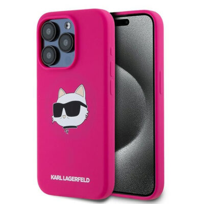 Husa MagSafe pentru Apple iPhone 15 Pro, Karl Lagerfeld, Silicone Choupette’s Head, Fucsia