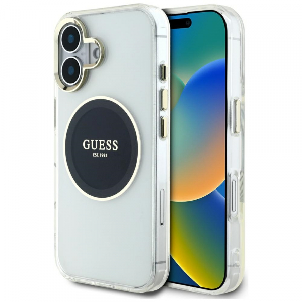Husa MagSafe pentru Apple iPhone 16, Guess, IML Metal Colored Circle, Neagra