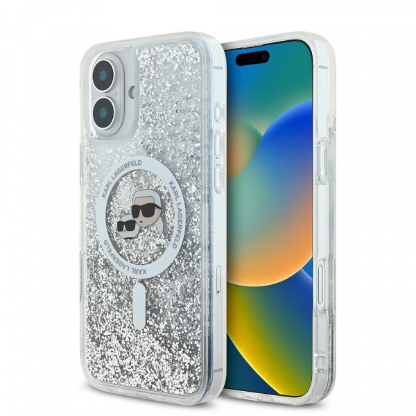 Husa MagSafe pentru Apple iPhone 16, Karl Lagerfeld, Glitter Liquid Karl & Choupette’ s Heads, Transparenta