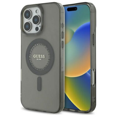 Husa MagSafe pentru Apple iPhone 16 Pro, Guess, IML Rhinestone, Neagra