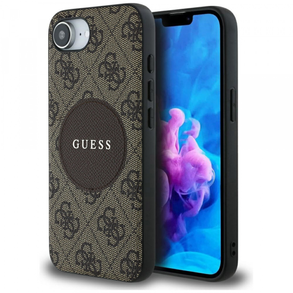 Husa MagSafe pentru Apple iPhone 17e / 16e, Guess, 4G Circle Classic Logo, Maro