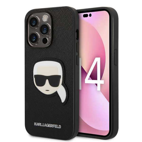 Husa pentru Apple iPhone 14 Pro, Karl Lagerfeld, Saffiano Karl’s Head, Neagra