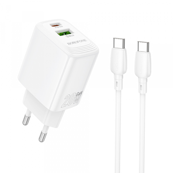 Incarcator Retea Cu Cablu USB-C Borofone BN27 Fuente, 20W, 3A, 1 x USB-A – 1 x USB-C, Alb