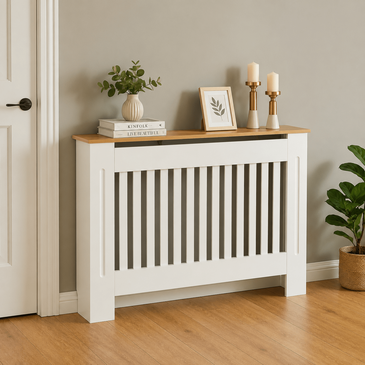 Masca pentru Calorifer ECO-L 132 cm, MDF Vopsit de 18 mm Lame Verticale, Maro/Alb – Default Title