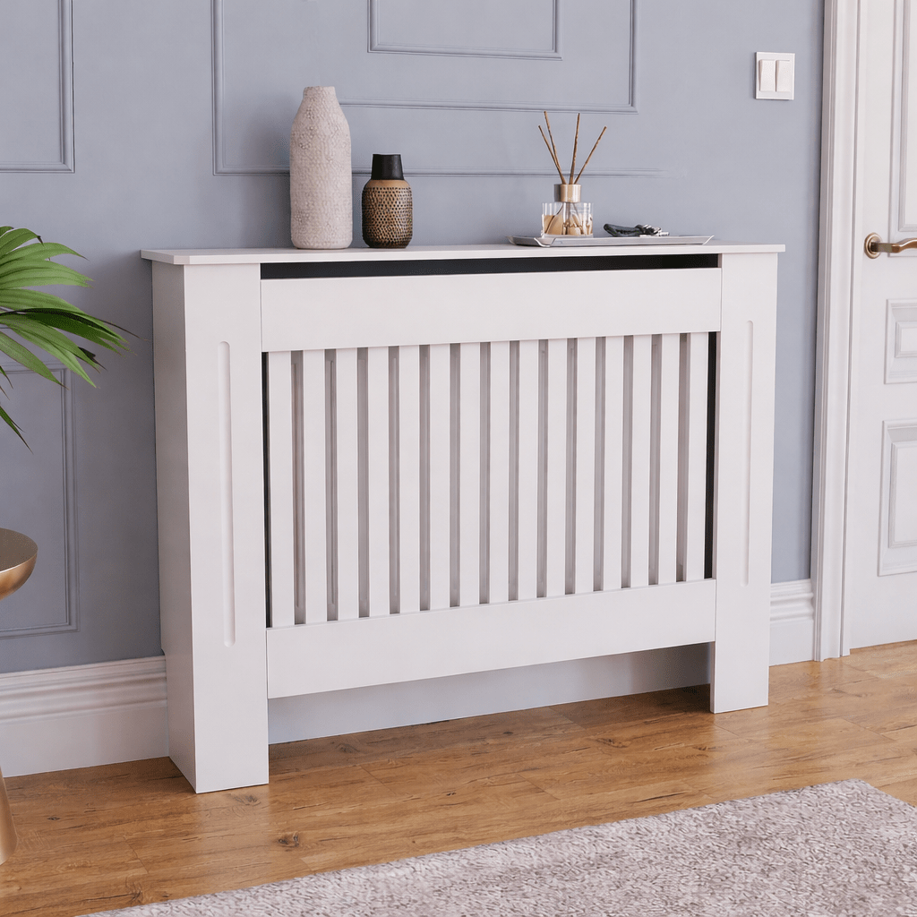 Masca pentru Calorifer ECO-M 112 cm, MDF Vopsit de 18 mm Lame Verticale, Alb lucios – Default Title