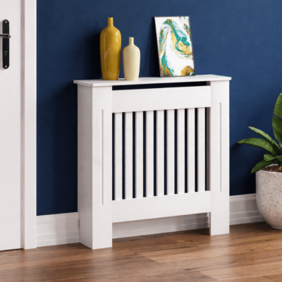 Mască calorifer ECO, MDF cu lamele verticale – Alb lucios – S – 78 × 19 × 81.5 cm